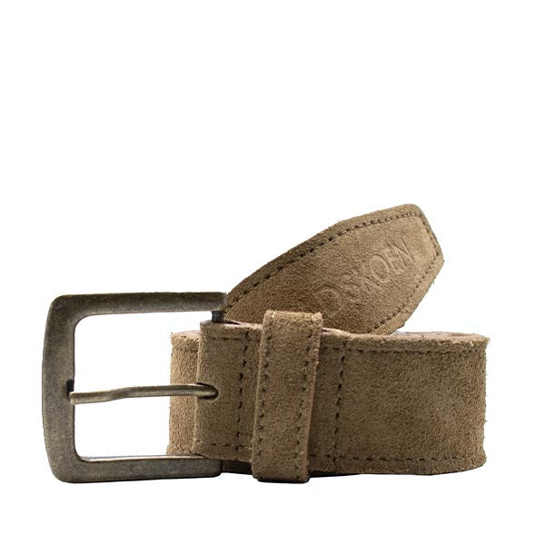 A brown suede leather belt with a metallic buckle, displaying the brand name 'Veldskoen' on the belt loop.