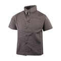 Kids' olive green short-sleeve button-up shirt with a collar and a front pocket, branded with the Wildebees logo.