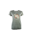 A sage green ladies t-shirt with 'WILDEBEES' text and floral stitching on the front.