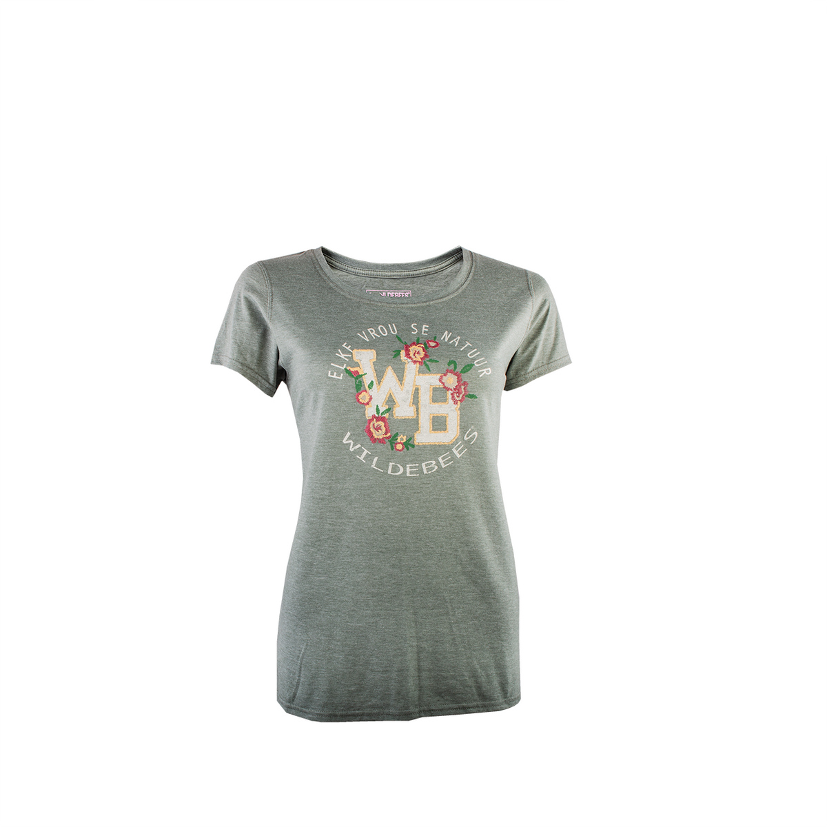 A sage green ladies t-shirt with 'WILDEBEES' text and floral stitching on the front.